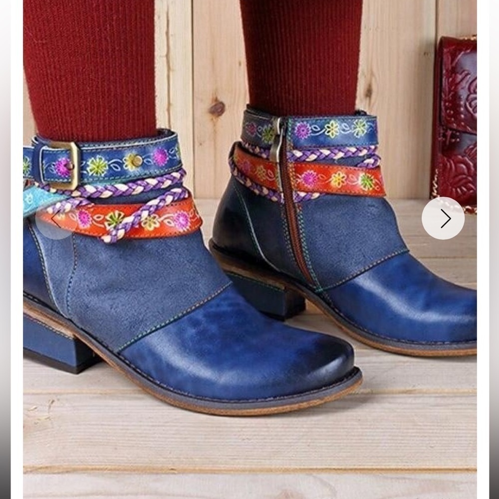 Blue Floral Ankle Boots with Braided Straps